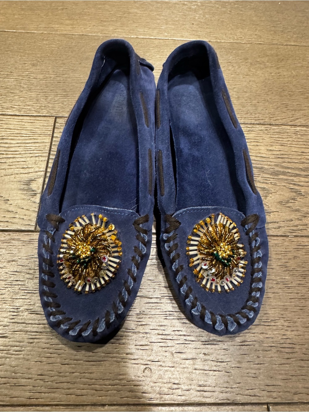 Miu Miu Navy Suede Beaded Moccasins